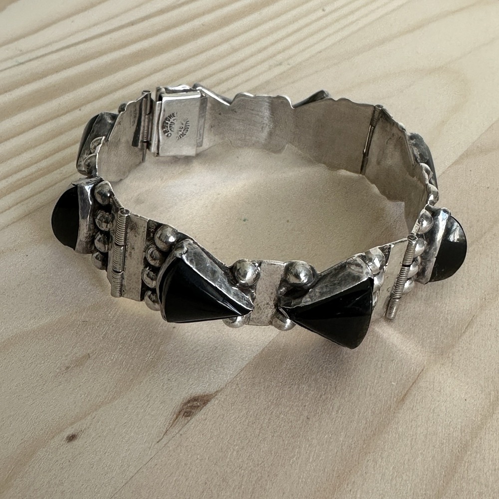 VTG Taxco Link Bracelet Size 6.5 Sheen Obsidian Signed 925 Sterling Mexico 26.1g - Picture 9 of 12